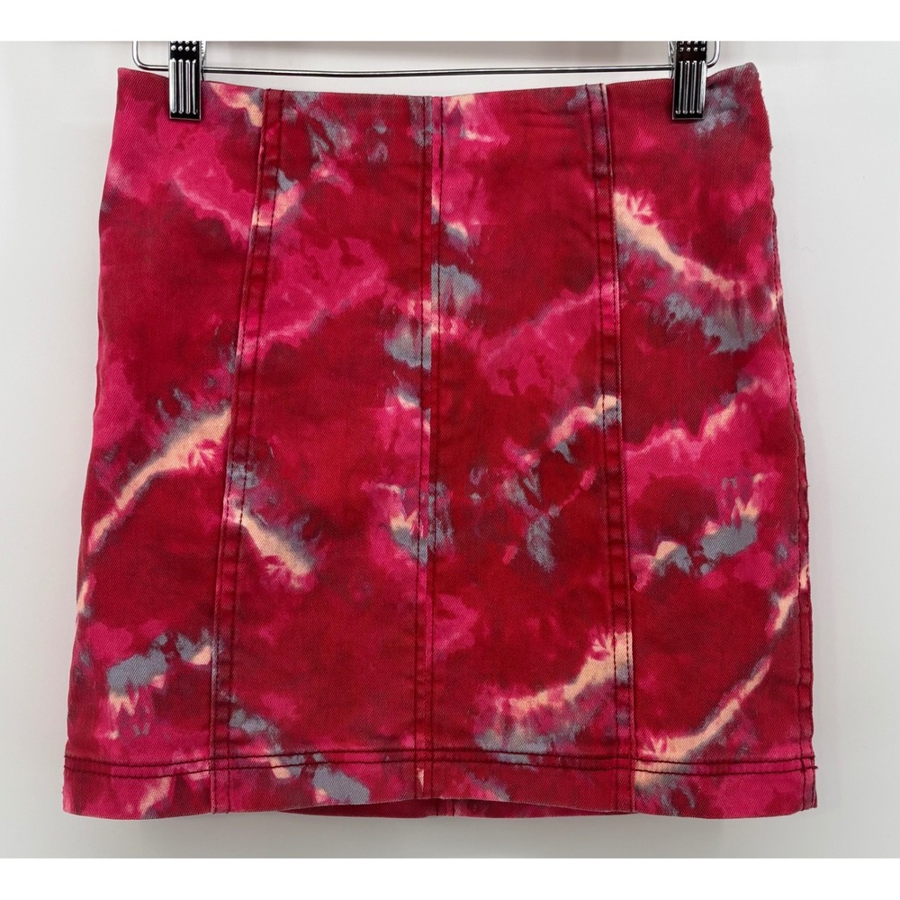 Free People Modern‎ Femme Denim Mini Skirt Women's 2 Flamingo Flame Pink Tie Dye